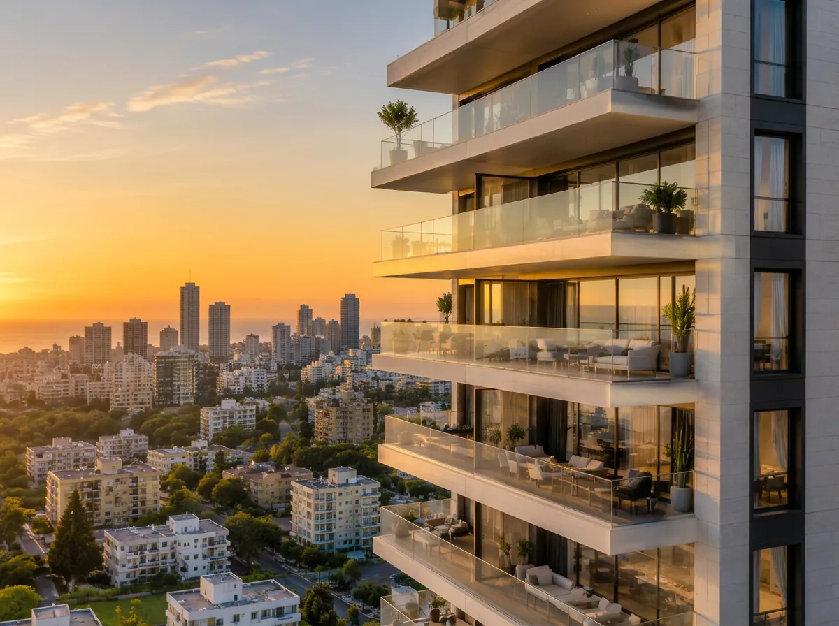 מעקות זכוכית במרפסות מגדל מגורים מודרני בשקיעה