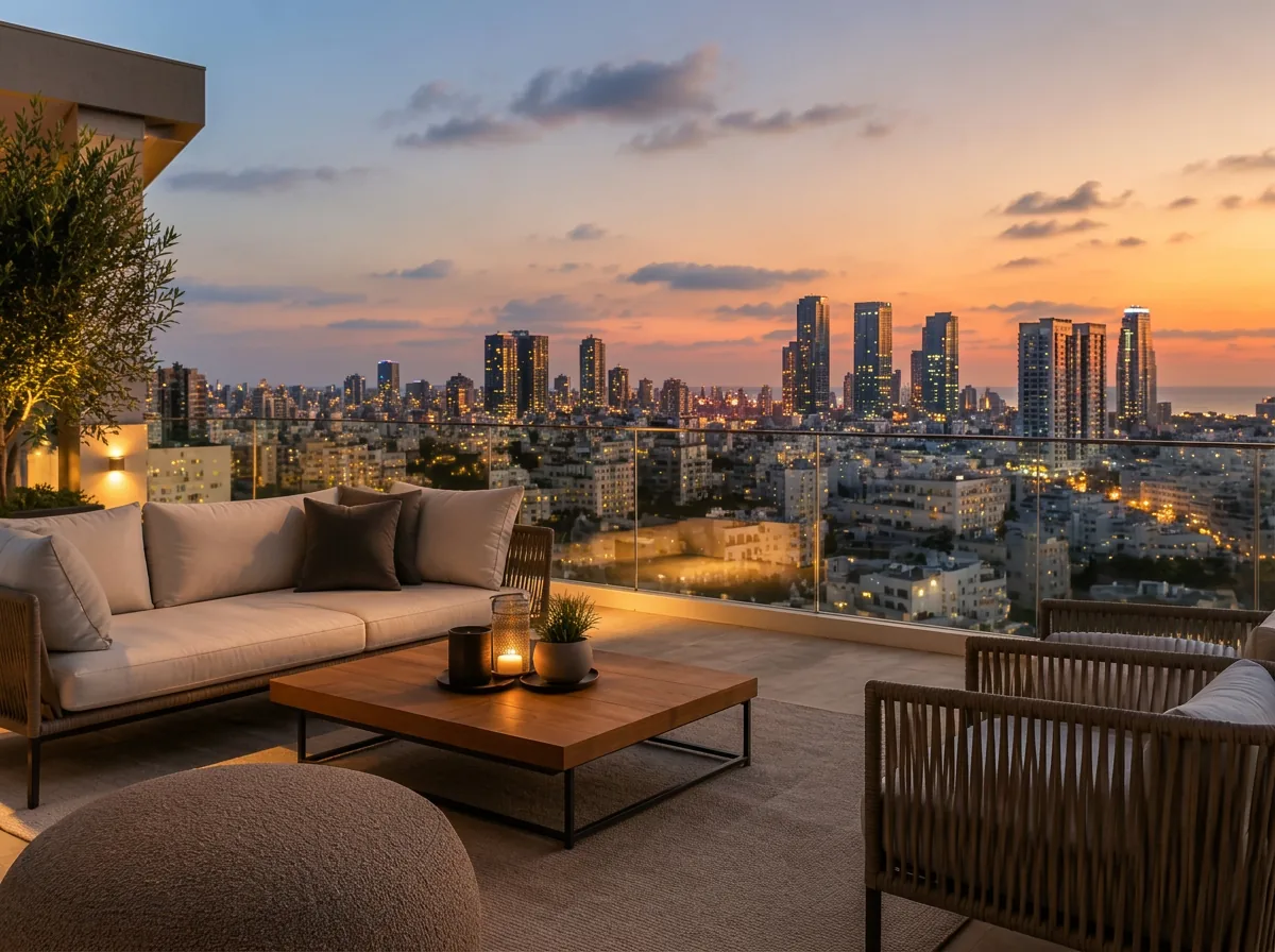 מעקה זכוכית במרפסת פנטהאוז עם נוף עירוני
