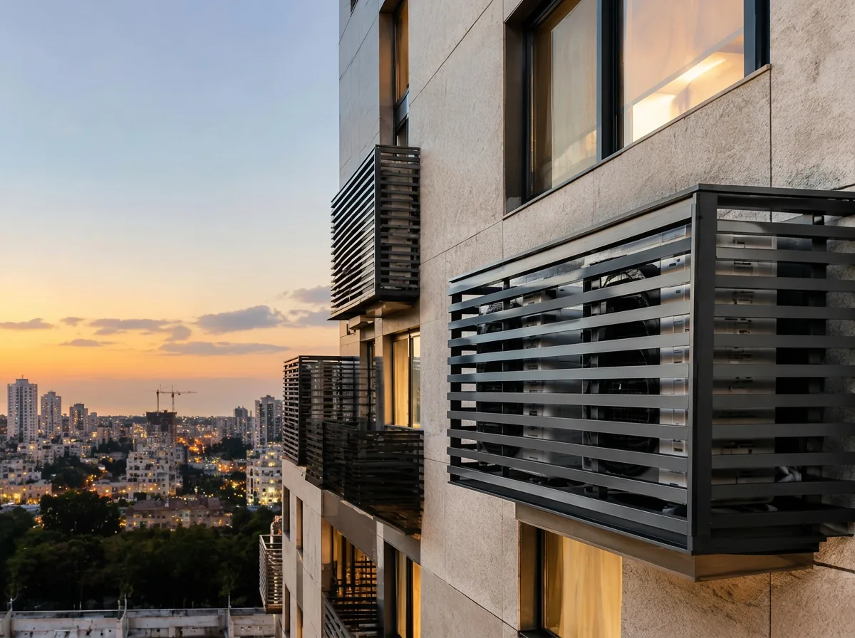 מסתור מזגן מרפפות אלומיניום בחזית בניין מודרני