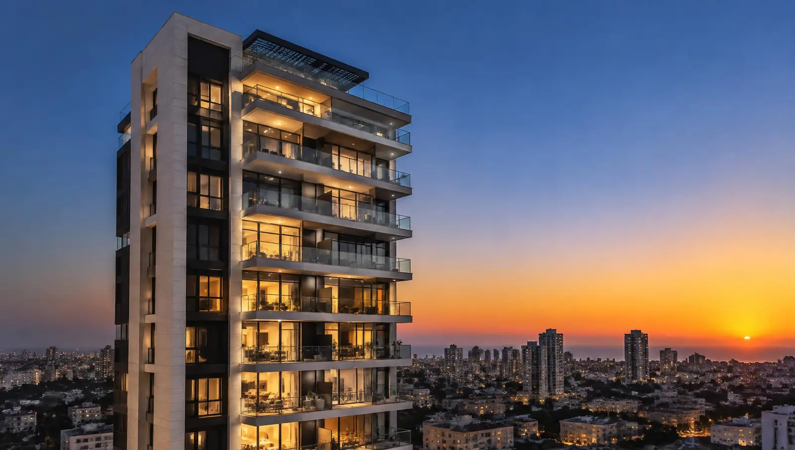 מגדל מגורים מודרני עם מעקות אלומיניום וזכוכית בשעת דמדומים – הדמיה