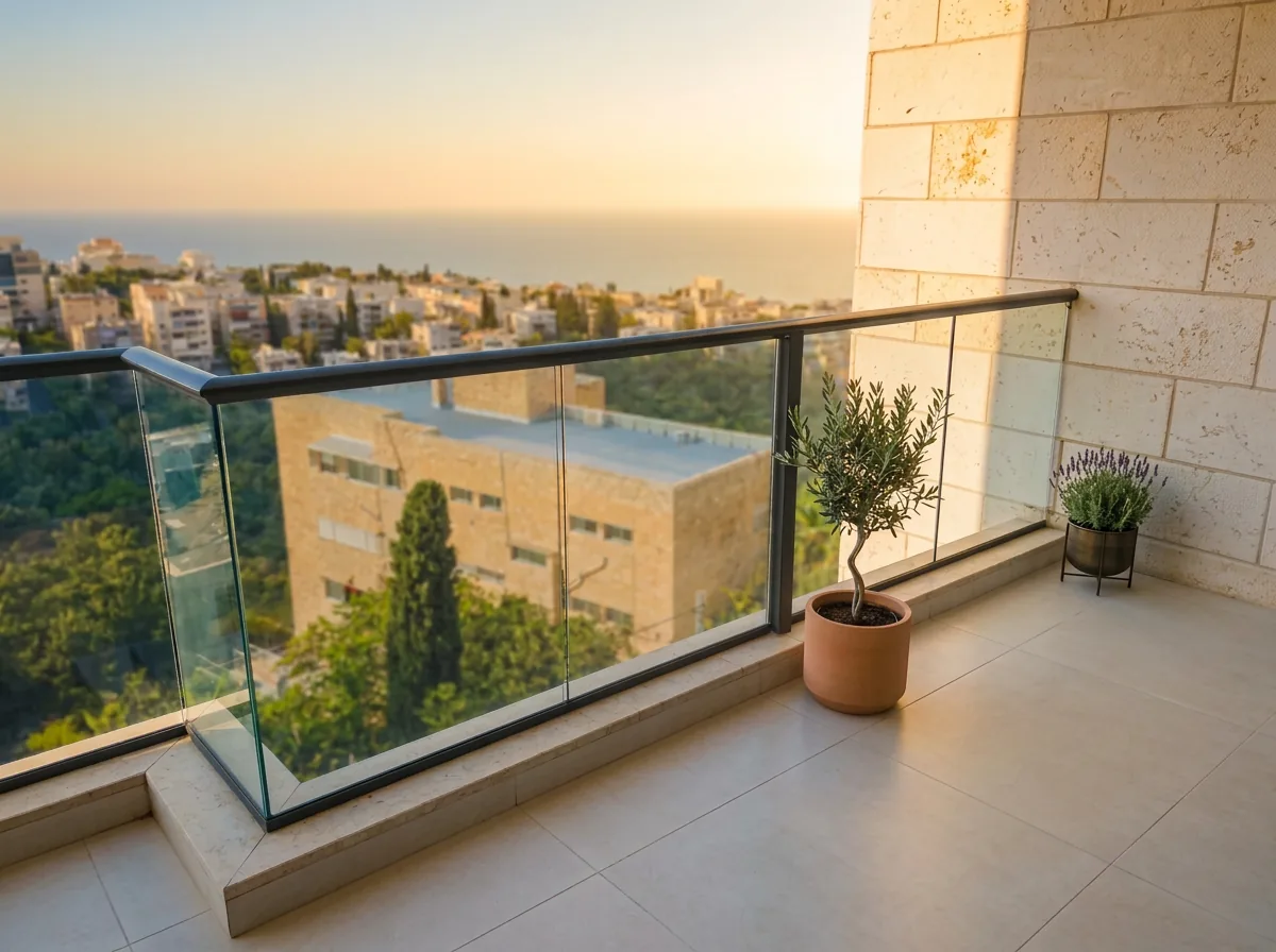 מעקה אלומיניום וזכוכית עם מסגרת כהה במרפסת מול הנוף